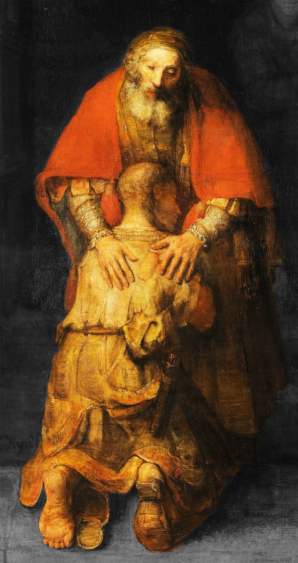 abbraccio del padre misericordioso al figlio prodigo di Rembrand